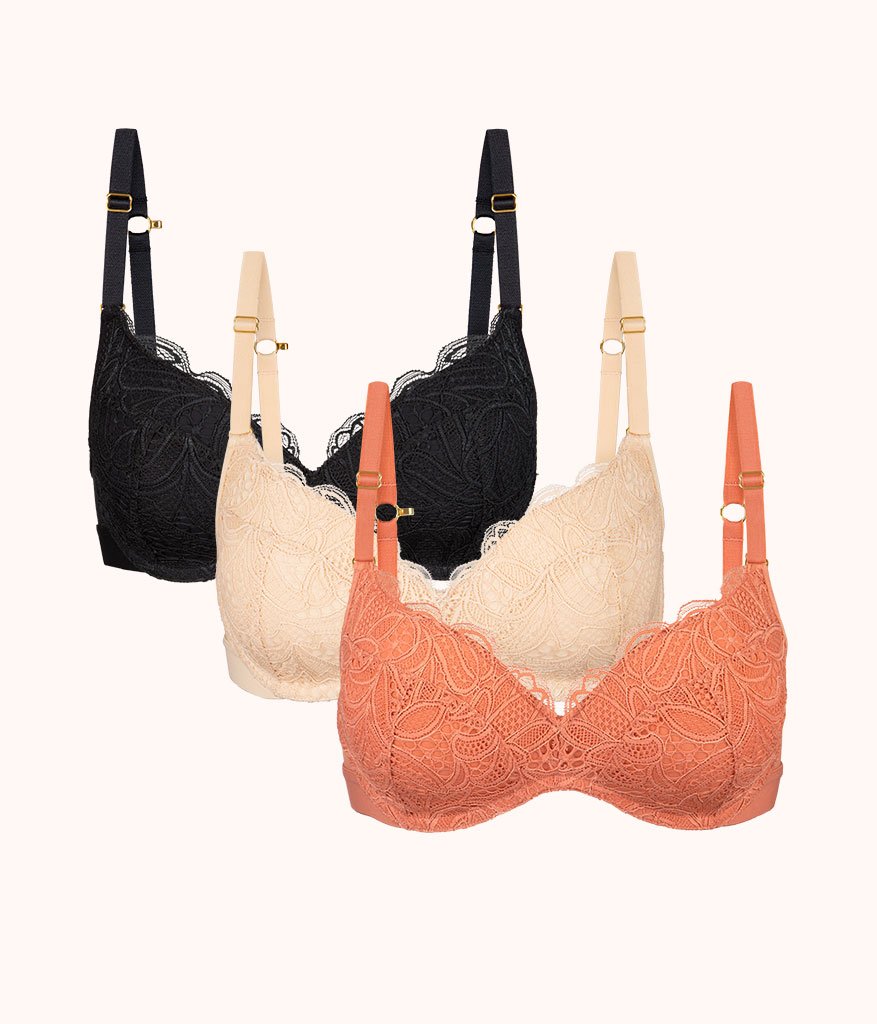 The Lace No-Wire Push-Up Trio: Terracotta/Jet Black/Toasted Almond