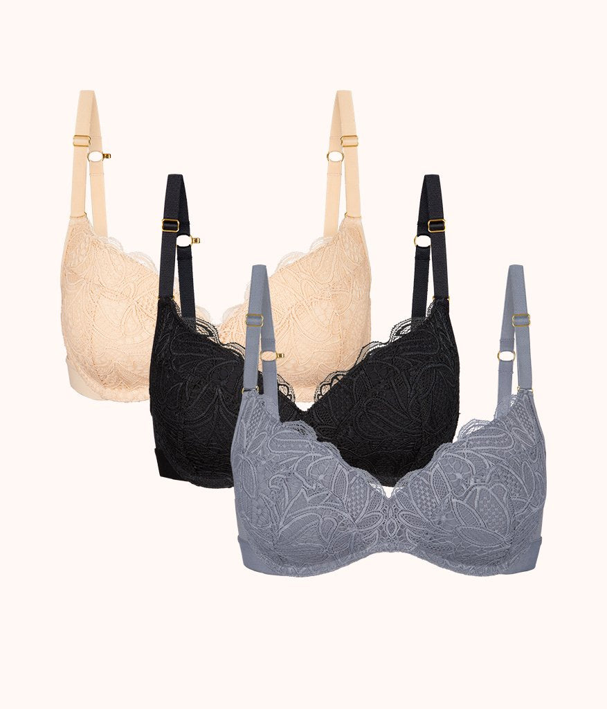 The Lace No-Wire Push-Up Trio: Toasted Almond/Jet Black/Smoke