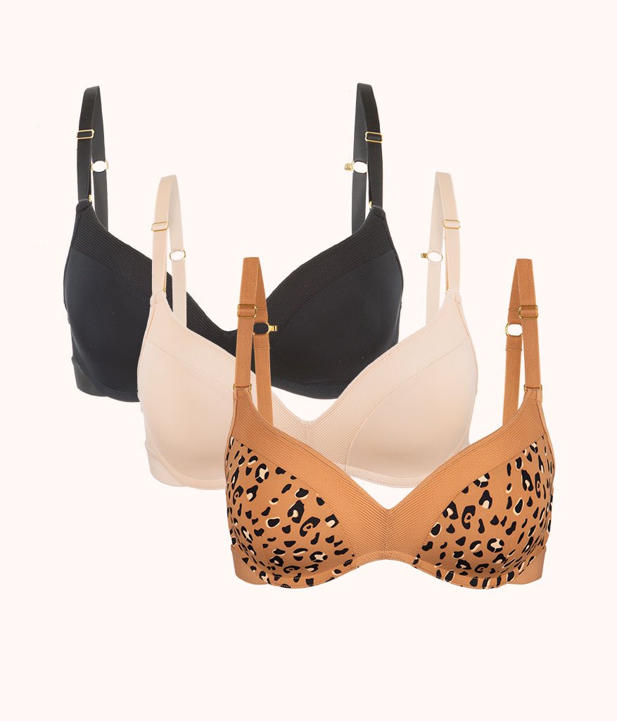 The No-Wire Push-Up Trio - Print: Toasted Almond/Jet Black/Latte Leopard