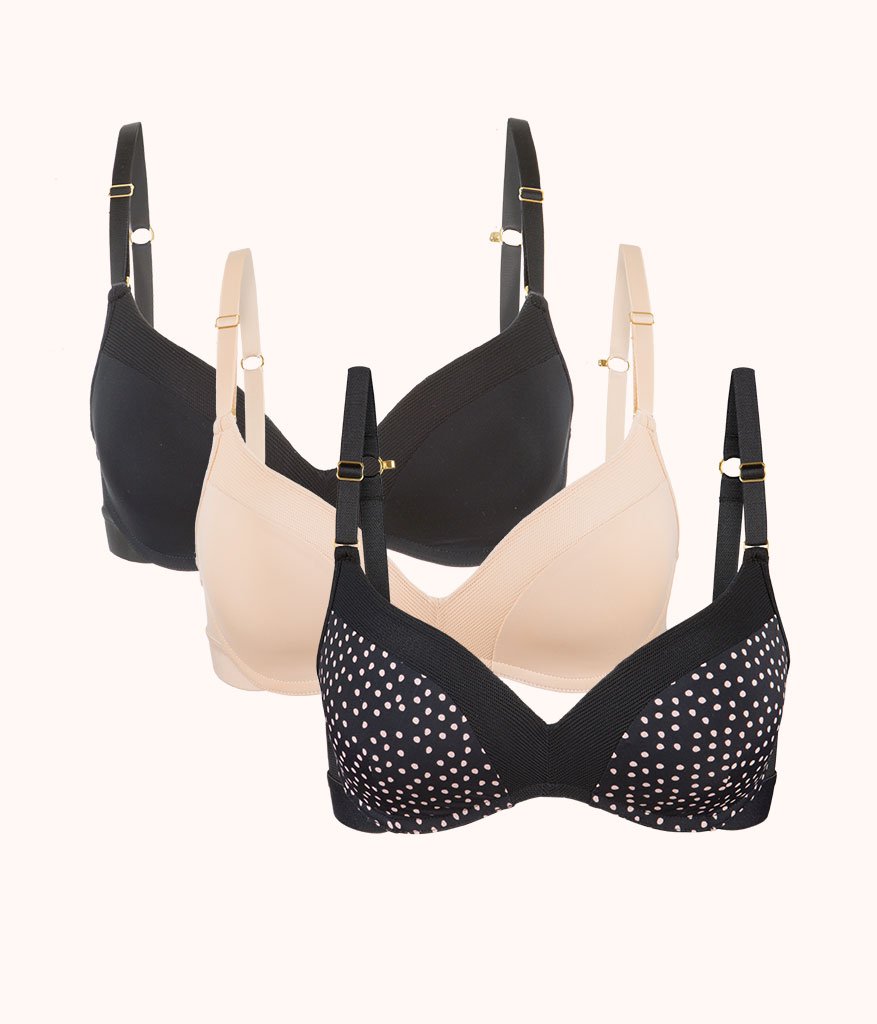The No-Wire Push-Up Trio: Toasted Almond/Jet Black/Painted Polka