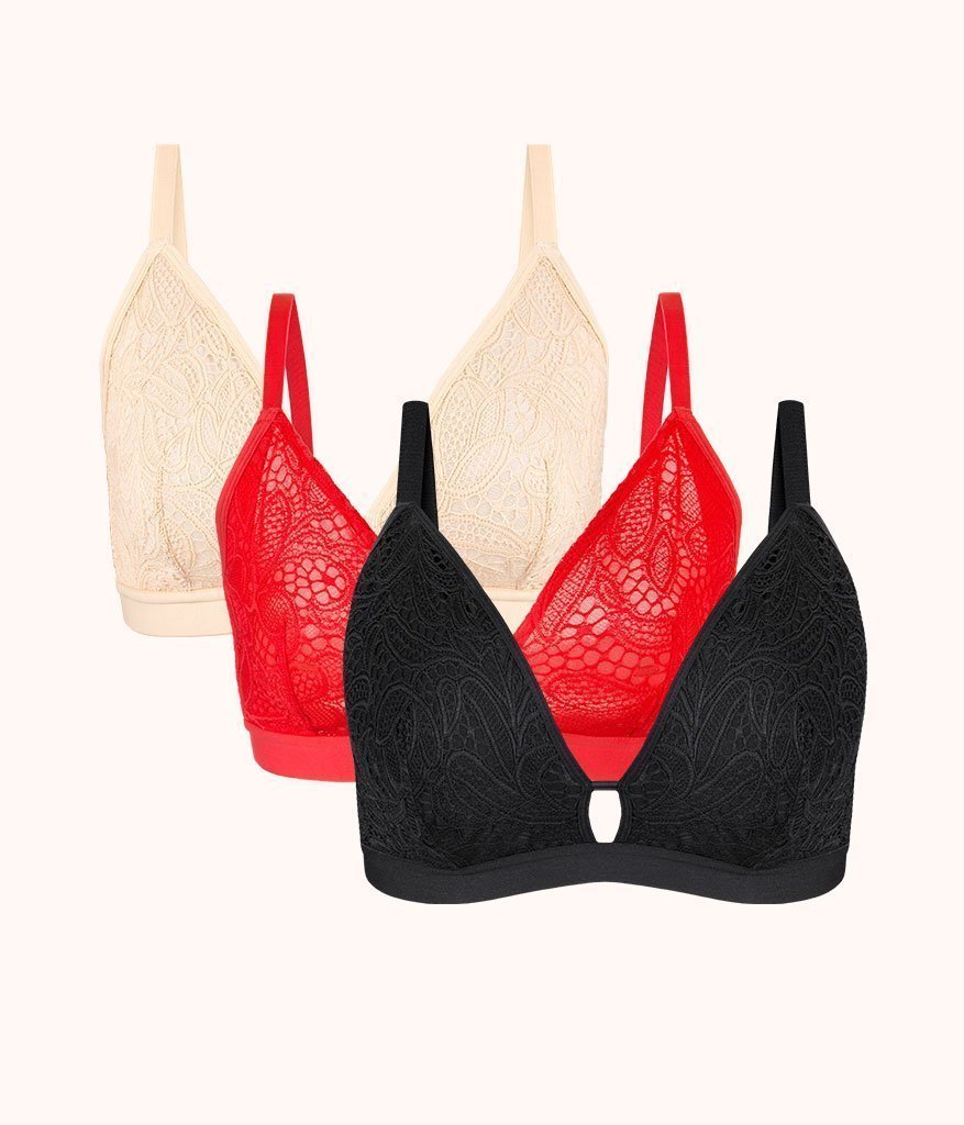 The Palm Lace Busty Bra Trio: Toasted Almond/Jet Black/Tomato Red